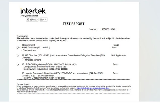 Intertek food-contact test report reference